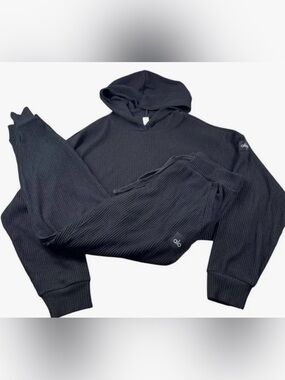 Alo Yoga  ribbed Muse Hoodie & Jogger Set size XS & S black run lounge fun EUC